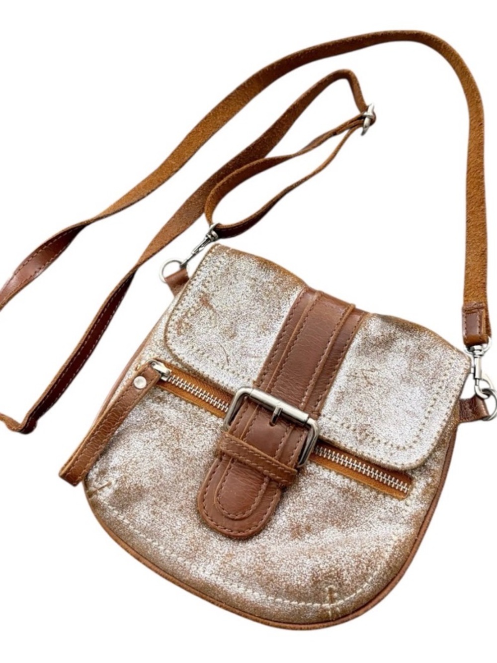 Tano Metallic Brown/silver  Crossbody with Buckle and Zip Detail like new